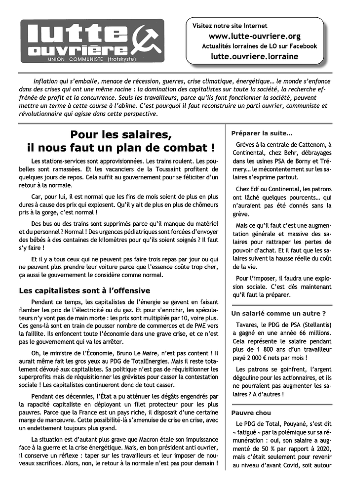 Tract diffusé en Lorraine 26 octobre 2022